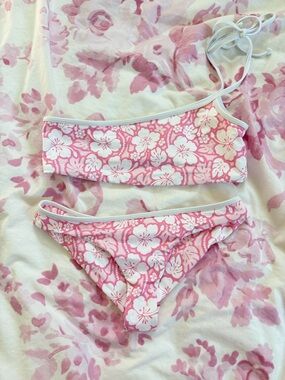 Frankie’s Bikinis one shoulder pink and white tropical bikini